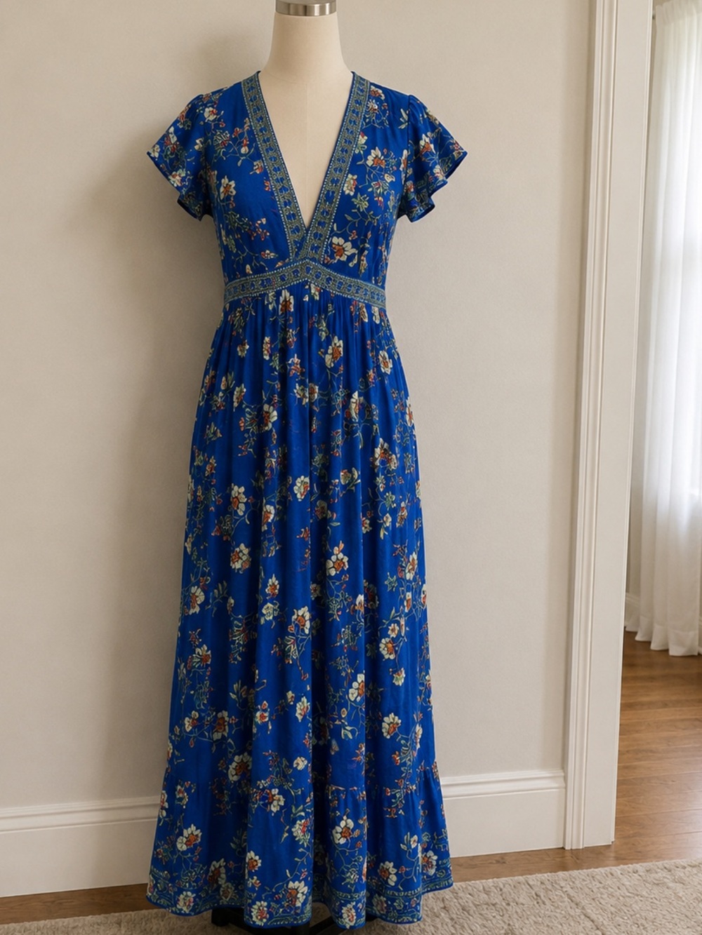 Max Studio Royal Blue Floral V-Neck Maxi Dress